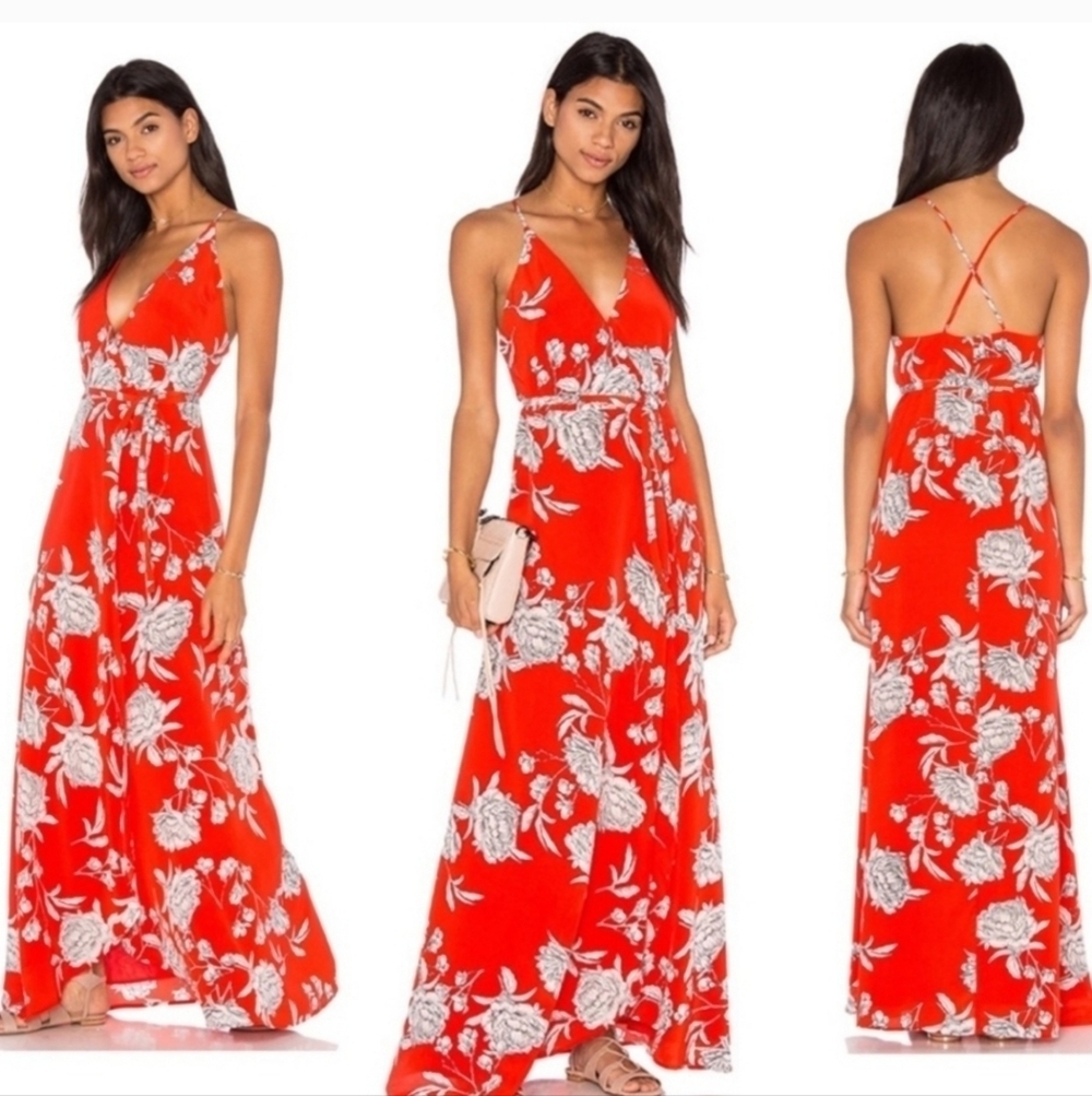 Revolve Yumi Kim 100% Silk Rush Hour Red Carnation Wrap Maxi Dress Size 2